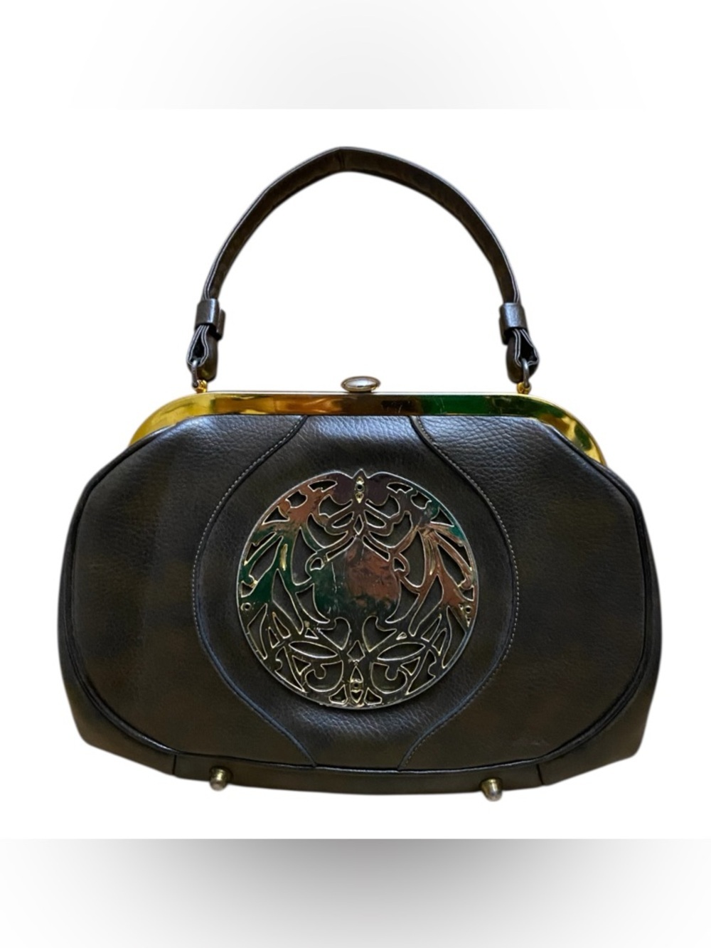Vintage 1950s/60s Brown Leather Kisslock Purse Gold Plated Design Everyday